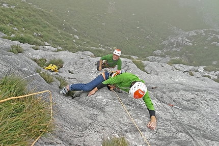 Bepino, Cima Uomo, Brenta Dolomites, Rolando Larcher, Michele Cagol - Bepino on Cima Uomo (Brenta Dolomites): RP day, Alessandro Larcher and Michele Cagol climbing pitch 1