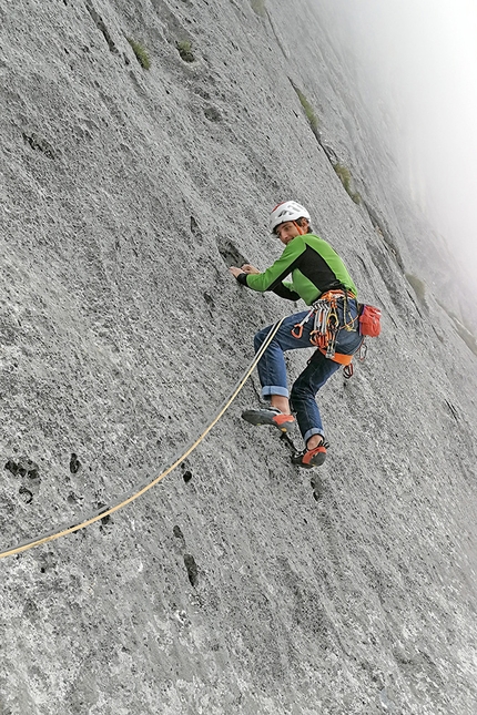 Bepino, Cima Uomo, Brenta Dolomites, Rolando Larcher, Michele Cagol - Bepino on Cima Uomo (Brenta Dolomites): RP day, Alessandro Larcher climbing pitch 2