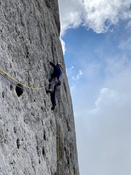 Marmolada, Dolomites, Hansjörg Auer, Much Mayr, Ultimo Tango - Much Mayr climbing pitch 5 of Ultimo Tango on Marmolada, Dolomites