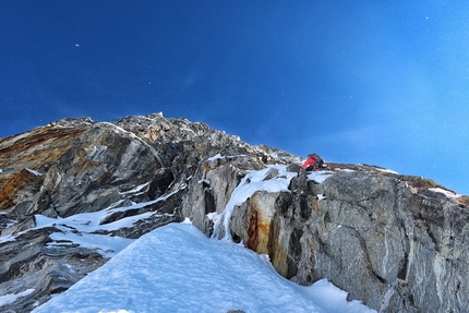 Chobutse, Tsoboje, Nepal, Nejc Marčič, Luka Stražar - The start of the steeper central part on the NW Face of Tsoboje (Chobutse), Nepal (Nejc Marčič, Luka Stražar 28-30/10/2021)