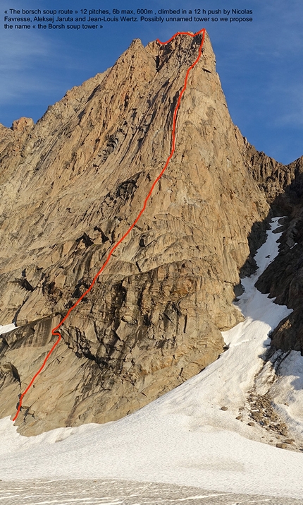 Greenland, Nicolas Favresse, Sean Villanueva O'Driscoll, Jean-Louis Wertz, Aleksej Jaruta - The Borsch soup route, Borsch soup tower, Kangertigtivatsiaq Fjord, Greenland (Nicolas Favresse, Aleksej Jaruta, Jean-Louis Wertz 2021)