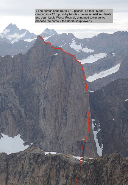 Greenland, Nicolas Favresse, Sean Villanueva O'Driscoll, Jean-Louis Wertz, Aleksej Jaruta - The Borsch soup route, Borsch soup tower, Kangertigtivatsiaq Fjord, Greenland (Nicolas Favresse, Aleksej Jaruta, Jean-Louis Wertz 2021)