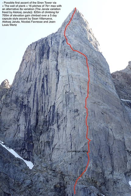Groenlandia, Nicolas Favresse, Sean Villanueva O'Driscoll, Jean-Louis Wertz, Aleksej Jaruta - The wall of plank, Siren Tower, Kangertigtivatsiaq, Groenlandia (Nicolas Favresse, Aleksej Jaruta, Jean-Louis Wertz, Sean Villanueva, 2021)