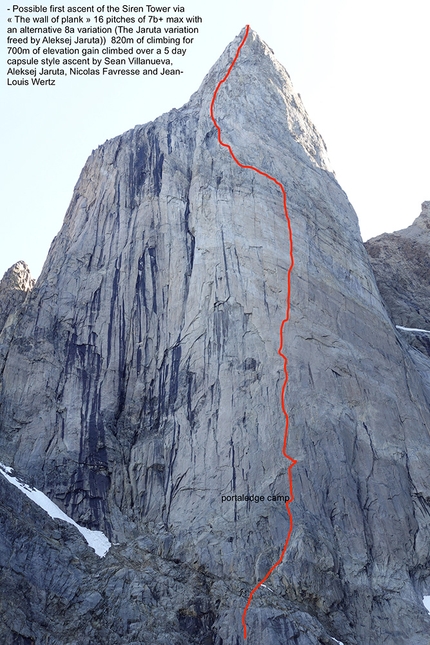 Greenland, Nicolas Favresse, Sean Villanueva O'Driscoll, Jean-Louis Wertz, Aleksej Jaruta - The wall of plank, Siren Tower, Kangertigtivatsiaq Fjord, Greenland (Nicolas Favresse, Aleksej Jaruta, Jean-Louis Wertz, Sean Villanueva, 2021)