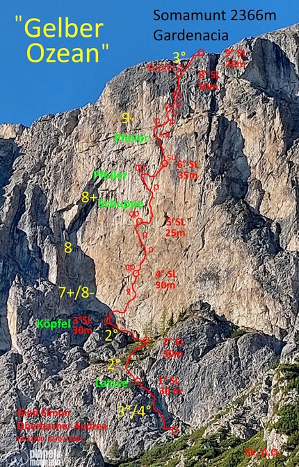 Gelber Ozean, Gardenacia, Dolomiti, Simon Gietl, Andrea Oberbacher - Gelber Ozean, Gardenacia parete est, Dolomiti (Simon Gietl, Andrea Oberbacher, estate 2021)