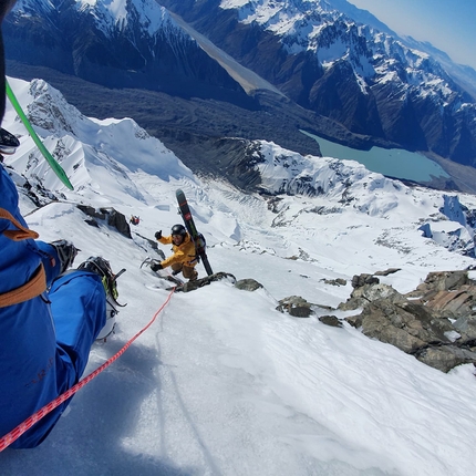 Aoraki Caroline Face, New Zealand, Joe Collinson, Will Rountree, Sam Smoothy - Caroline Face second ski descent, Aoraki / Mount Cook, New Zealand (Joe Collinson, Will Rountree, Sam Smoothy 21/10/2021)