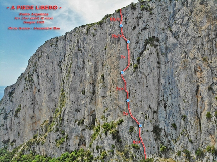 A piede libero, Punta Argennas, Sardegna, Alessandro Baù, Mirco Grasso - Il tracciato di A piede libero alla Punta Argennas in Sardegna (Alessandro Baù, Mirco Grasso 06/2021)