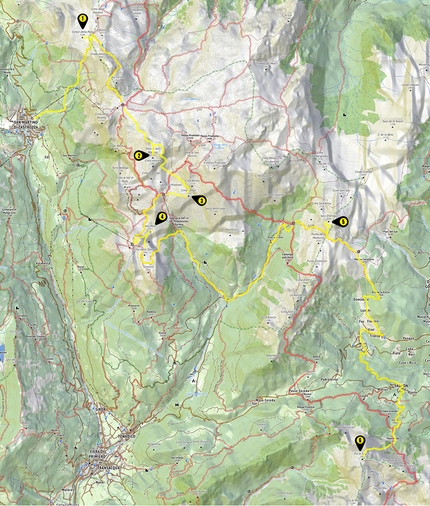 Peter Moser, Pale di San Martino, Dolomiti - La mappa del percorso di Peter Moser il 10/08/2021 nelle Pale di San Martino, Dolomiti: Cimon della Pala, Pala di San Martino, Cima Canali, Sass Maor, Sass d’Ortiga e Piz de Sagron.