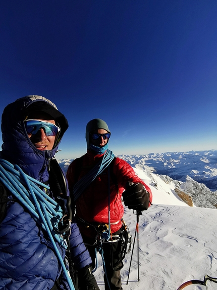 Cascata Major, Monte Bianco, Francesco Civra Dano, Giuseppe Vidoni  - Giuseppe Vidoni  e Francesco Civra Dano in cima al Monte Bianco dopo la prima salita della Cascata Major sulla parete est