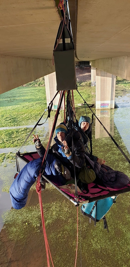 Tom Randall, Pete Whittaker, motorway bridge  - Tom Randall and Pete Whittaker on the morning of day 2 while climbing The Great Rift