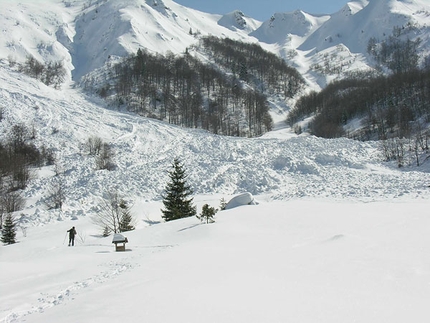 La prevenzione degli incidenti da valanga nelle escursioni con le racchette da neve - Grande valanga sui prati di Casera Coot, gruppo del Canin, Alpi Giulie