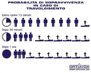 Ricerca di un singolo travolto in valanga - Probabilità di sopravvivenza in caso di travolgimento. La mancanza anche di un solo attrezzo del sistema dilata notevolmente i tempi di intervento