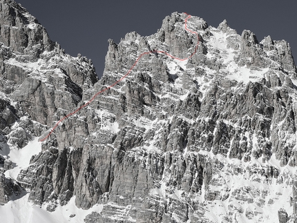 Dolomiti sci ripido, Francesco Vascellari - Punta Michele 2452m, Parete Sud, Cristallo-Popena (Francesco Vascellari, Loris de Barba e Davide D'Alpaos 27/02/2021).