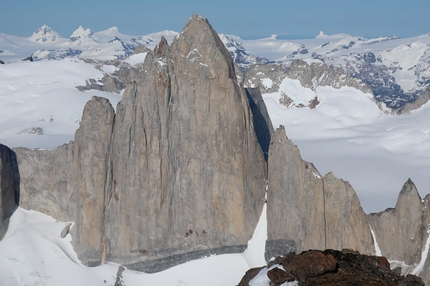 Cerro Catedral, Patagonia, alpinismo, Juan Señoret, Cristobal Señoret - The East Face of Cerro Catedral in Patagonia. Dos Hermanos put up by Cristobal Señoret and Juan Señoret climbs the mountain's NE Face and is not visibile in this photo