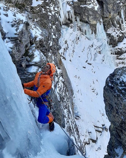 Kandersteg, Switzerland, Jonas Schild, Stephan Siegrist - Stephan Siegrist making the first ascent of OeschiMixTrix in the sector Oeschinensee at Kandersteg, Switzerland, onl 29/01/2021