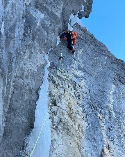 Kandersteg, Switzerland, Jonas Schild, Stephan Siegrist - Jonas Schild and Stephan Siegrist making the first ascent of OeschiMixTrix in the sector Oeschinensee at Kandersteg, Switzerland, onl 29/01/2021