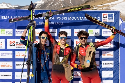 Ski Mountaineering European Championships 2022 Boí Taüll, Vall de Boí, Spain - 2. Nicolò Ernesto Canclini (ITA) 1. Oriol Cardona Coll (ESP) 3. Iñigo Martinez de Albornoz (ESP), Ski Mountaineering European Championships: Sprint