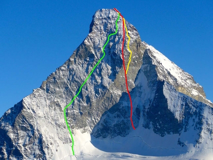 Matterhorn - Matterhorn. Red: Schweizernase (Alexander Huber, Dani Arnold, Thomas Senf 14-15/03/2017). Green: Schmid (Franz Schmid, Toni Schmid 31/07-01/08/1931). Yellow: Gogna-Cerruti (Leo Cerruti, Alessandro Gogna 14-17/07/1969)