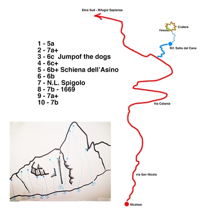 Etna arrampicata, Sicilia, Salto del Cane - La mappa d'accesso e le vie d'arrampicata a Salto del Cane, Etna, Sicilia