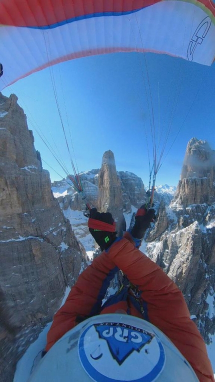 Davide Sassudelli, Campanile Basso, Brenta Dolomites - Davide Sassudelli flying off Campanile Basso, Brenta Dolomites