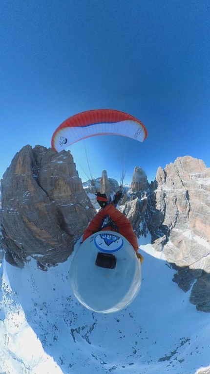 Davide Sassudelli, Campanile Basso, Brenta Dolomites - Davide Sassudelli flying off Campanile Basso, Brenta Dolomites