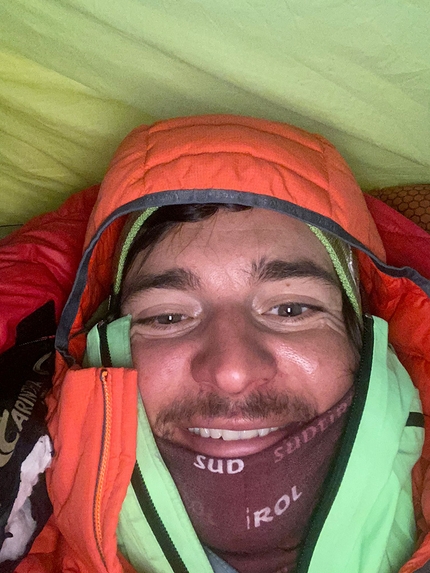 Simon Gietl, Rosengarten, Catinaccio, Dolomites - Simon Gietl making the first traverse, solo and in winter, of the Rosengarten in the Dolomites