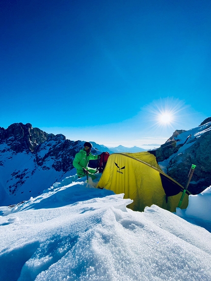 Simon Gietl, Rosengarten, Catinaccio, Dolomites - Simon Gietl making the first traverse, solo and in winter, of the Rosengarten in the Dolomites