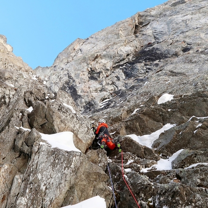 Aiguille Noire de Peuterey, Mad Vlad, Jon Bracey, Matt Helliker - Matt Helliker establishing pitch 4 of Mad Vlad, Aiguille Noire de Peuterey. 'Pitch 4, where the climbing starts to get steep, technical and some what serious!'