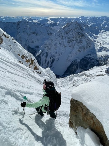 Mount Ethelbert, South Face, Canada, Christina Lustenberger, Mark Herbison, Sam Smoothy - Christina Lustenberger making the first ski descent of the South Face of Mount Ethelbert in Canada, with Mark Herbison and Sam Smoothy on 05/03/2022