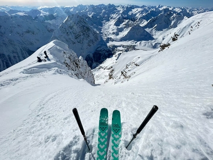 Mount Ethelbert, South Face, Canada, Christina Lustenberger, Mark Herbison, Sam Smoothy - Christina Lustenberger making the first ski descent of the South Face of Mount Ethelbert in Canada, with Mark Herbison and Sam Smoothy on 05/03/2022