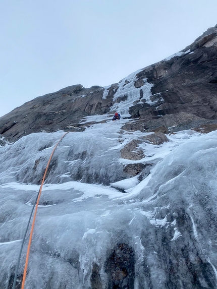Entropi, Blokktind, Norway, Juho Knuuttila, Eivind Jacobsen - Juho Knuuttila leading on thin ice up Entropi on Blokktind in Norway