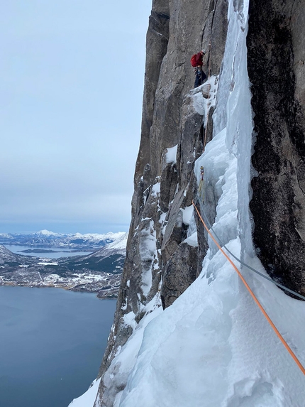 Entropi, Blokktind, Norway, Juho Knuuttila, Eivind Jacobsen - Juho Knuuttila on the NW face of Blokktind in Norway while making the first ascent of Entropi with Eivind Jacobsen