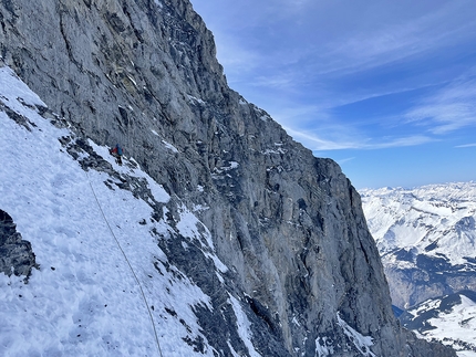 Eiger, North Face, Heckmair, Laura Tiefenthaler, Jana Möhrer - Jana Möhrer climbing the North Face of the Eiger via Heckmair route on 08/03/2022