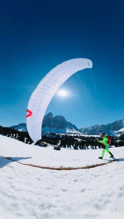 Simon Gietl, Hruschka, Peitlerkofel, Dolomites - Simon Gietl landing at Würzjoch in the Dolomites after his solo winter ascent of Hruschka on the North Face of Peitlerkofel on 19/03/2022