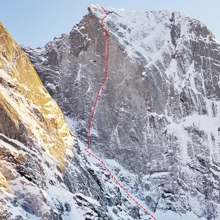 Pizzo Badile British route climbed in winter by Silvan Schüpbach, Peter von Känel
