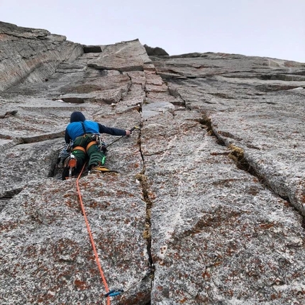 Pizzo Badile, British Route, Silvan Schüpbach, Peter von Känel - Silvan Schüpbach climbing the British Route on Pizzo Badile with Peter von Känel on 17/03/2022