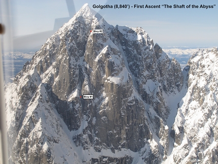 Golgotha, Alaska, Clint Helander, Andres Marin - The East Face of Golgotha in Alaska and the line of The Shaft of the Abyss first ascended by Clint Helander and Andres Marin from 23-25/03/2022. This stunning peak in the Revelation Mountains was first ascended by Helander and Ben Trocki in 2012. 