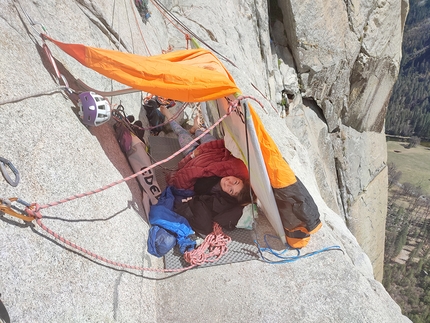 Soline Kentzel, Sébastien Berthe, Golden Gate, El Capitan, Yosemite, USA - Soline Kentzel at the Heart Ledge bivy on day 1 of their Golden Gate repeat, El Capitan, Yosemite, USA, April 2022