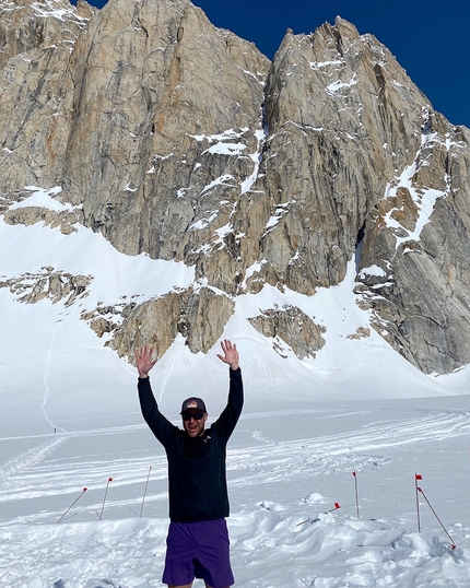 Moose's Tooth, Alaska,  Benjamin Lieber - Benjamin Lieber fully stoked and ready to fly out after making it down to the Root Canal Glacier, after soloing Moose's Tooth