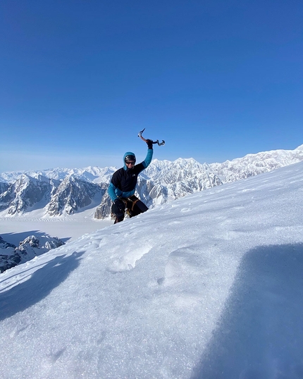 Moose's Tooth, Alaska,  Benjamin Lieber - Benjamin Lieber alone on the summit of Moose's Tooth in Alaska, in perfect weather.