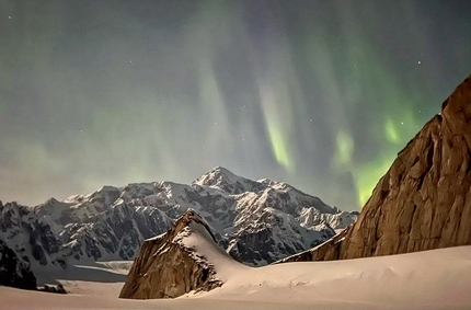 Moose's Tooth, Alaska,  Benjamin Lieber - Northern Lights dance over Denali before sunrise the day Benjamin Lieber soloed Moose's Tooth