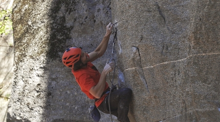 Jacopo Larcher, Cadarese - Jacopo Larcher making the first ascent of Jeune et con at Cadarese, April 2022. Note the cliff used for protection