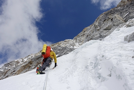 Jugal Spire, Nepal, Paul Ramsden, Tim Miller, The Phantom Line  - Paul Ramsden making the first ascent of The Phantom Line on the north face of Jugal Spire, Nepal 