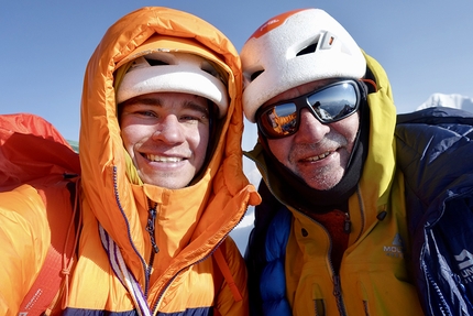 Jugal Spire, Nepal, Paul Ramsden, Tim Miller, The Phantom Line  - Tim Miller and Paul Ramsden on the summit of what they have called Jugal Spire in Nepal on 28/04/2022. The mountain was climbed via the north face up a route christened The Phantom Line