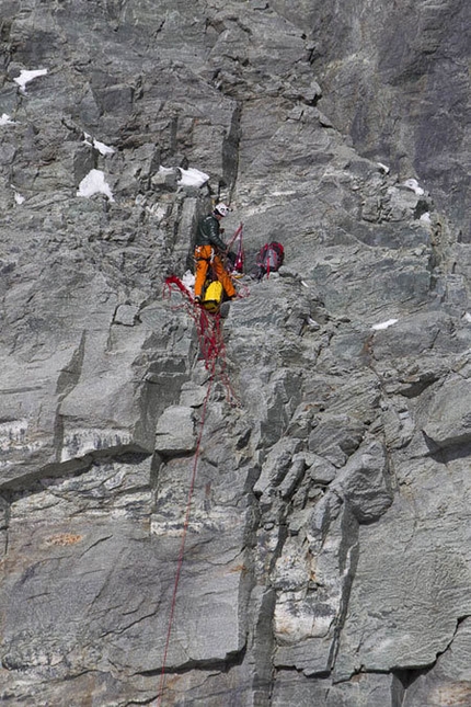 Matterhorn - Picco Muzio - Italian alpinist Hervé Barmasse making the first ascent of a new route up the South Face of Picco Muzio, Matterhorn, in 2011