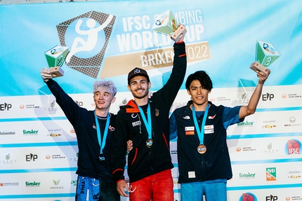 Bressanone Coppa del Mondo Boulder 2022 - 2. Maximillian Milne 1. Yannick Flohé 3. Tomoa Narasaki, Bressanone Coppa del Mondo Boulder 2022