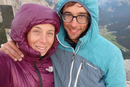 Arnplattenspitze, Wetterstein, Austria, Benedikt Hiebl, Barbara Vigl - Barbara Vigl and Benedikt Hiebl on the summit of Arnplattenspitze in the Wetterstein massif in Austria after having completed the first ascent of Erebor