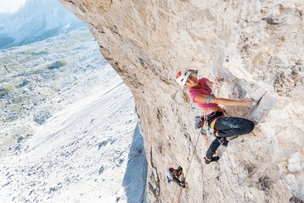 Federica Mingolla, Bellavista, Tre Cime di Lavaredo, Dolomites, Niccolò Bartoli - Federica Mingolla belayed by Niccolò Bartoli climbing Bellavista on Cima Ovest di Lavaredo, Tre Cime di Lavaredo, Dolomites, June 2022