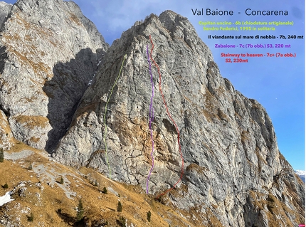 Stairway to heaven, Val Baione, Leo Gheza, Angelo Contessi - Dosso Guarda, Cima Bacchetta, Concarena (Val Baione - Valle Camonica). Verde: Captain Uncino (Sandro Federici 1995). Nero: Il Viandante sul mare di nebbia (Camillo Bussolati, Roberto Conti, Enrico Piccinelli, Gabriele Tonelli). Viola: Zabaione (Bernardo Rivadossi). Rosso: Stairway to Heaven (Angelo Contessi, Leo Gheza 2022)