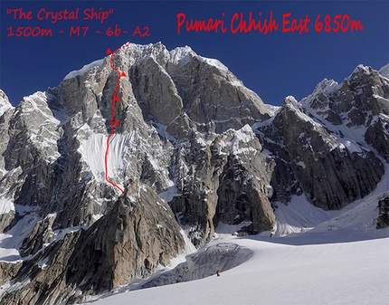 Pumari Chhish East, Pakistan, Christophe Ogier, Victor Saucede, Jérôme Sullivan - Pumari Chhish East in Pakistan and the line of The Crystal Ship (M7, 6b, A2, 1600m)  first ascended by Christophe Ogier, Victor Saucede, Jérôme Sullivan from 25 - 29 June 2022